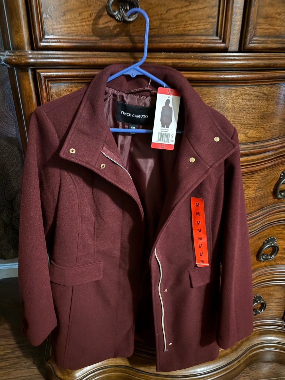 Vince Camuto Dark Red Wool-Blend Coat with Gold Hardware